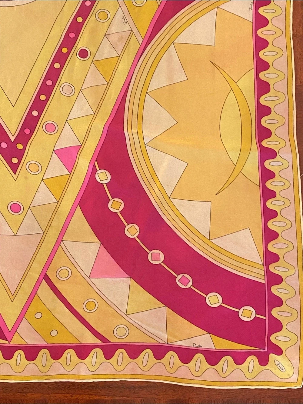 Vintage Mid Century Emilio Pucci Geometric Pink & Yellow Large Silk Scarf